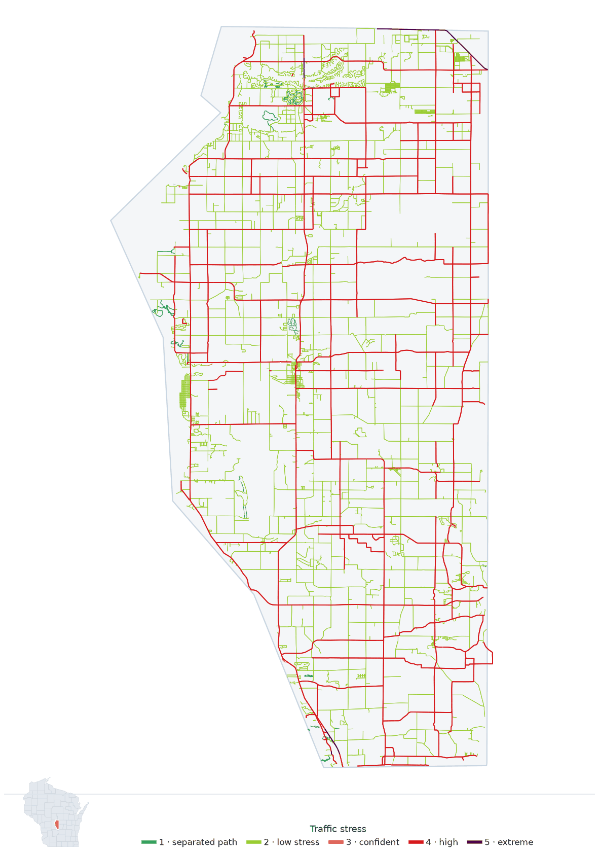 Map of Adams County, Wisconsin with every road colored by bicycle traffic stress, and a Wisconsin locator showing where the county is