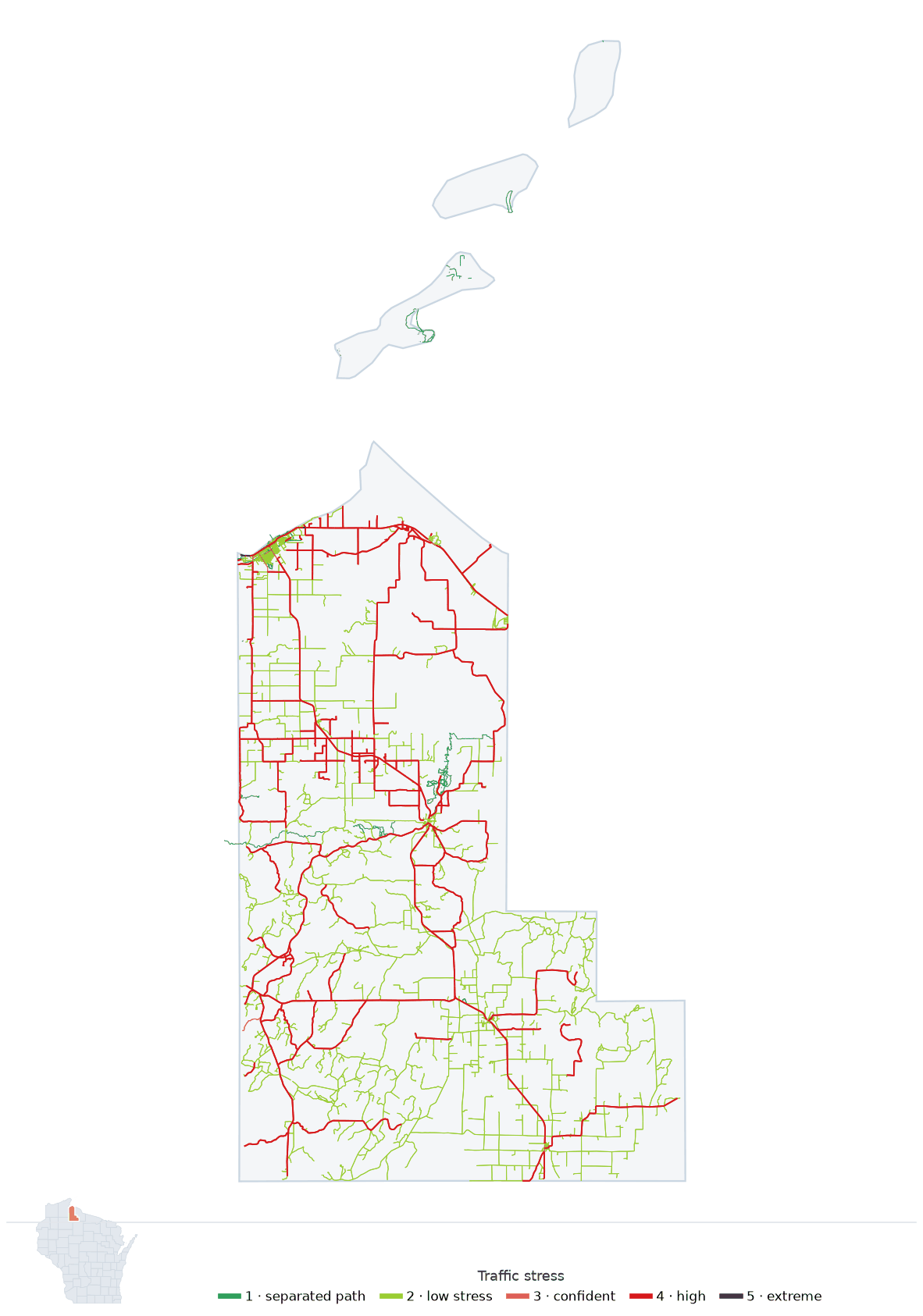 Map of Ashland County, Wisconsin with every road colored by bicycle traffic stress, and a Wisconsin locator showing where the county is