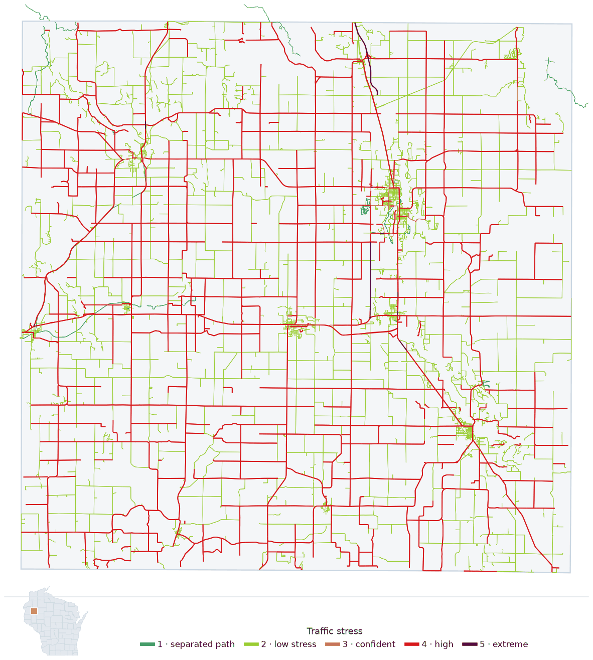 Map of Barron County, Wisconsin with every road colored by bicycle traffic stress, and a Wisconsin locator showing where the county is