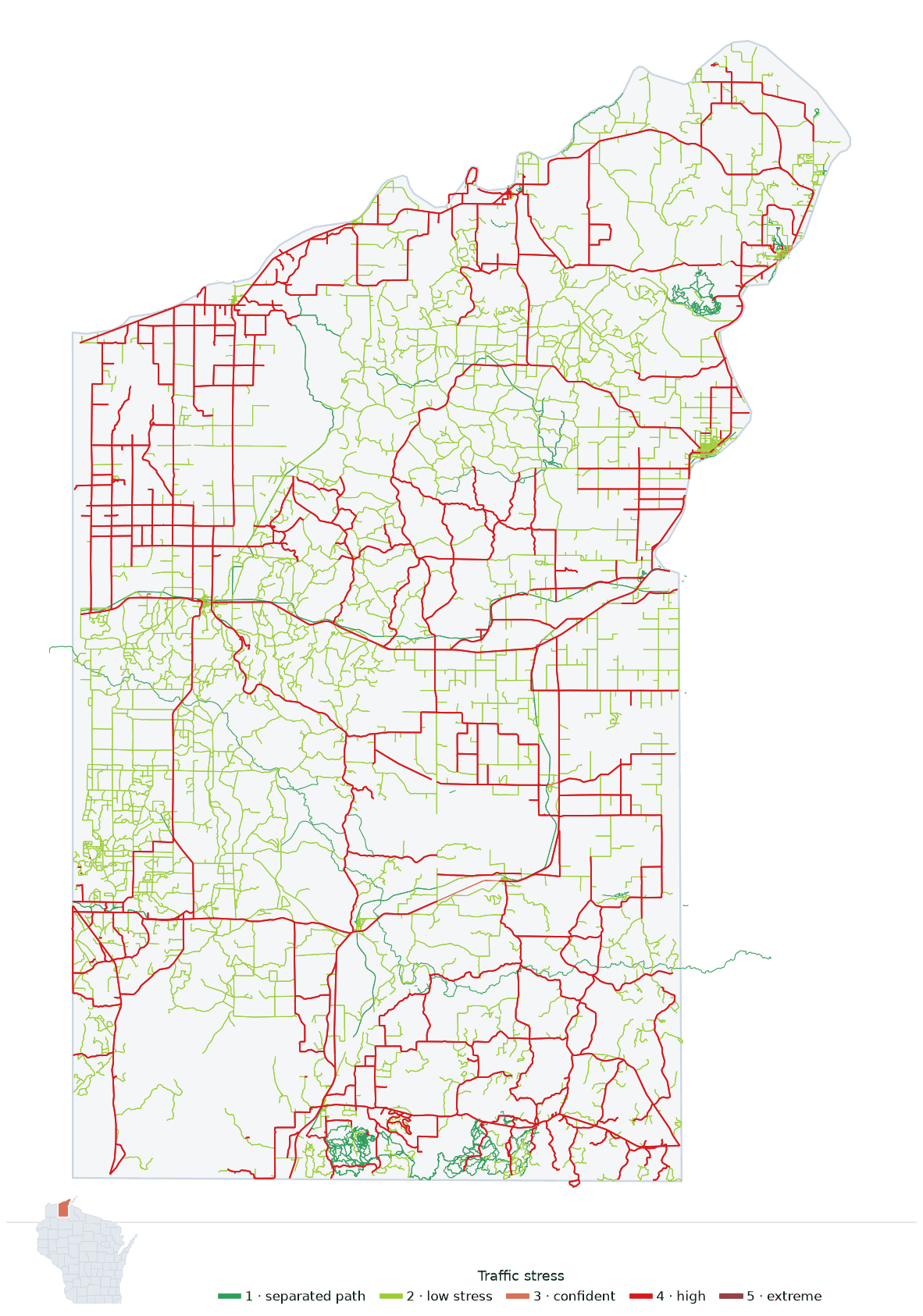 Map of Bayfield County, Wisconsin with every road colored by bicycle traffic stress, and a Wisconsin locator showing where the county is