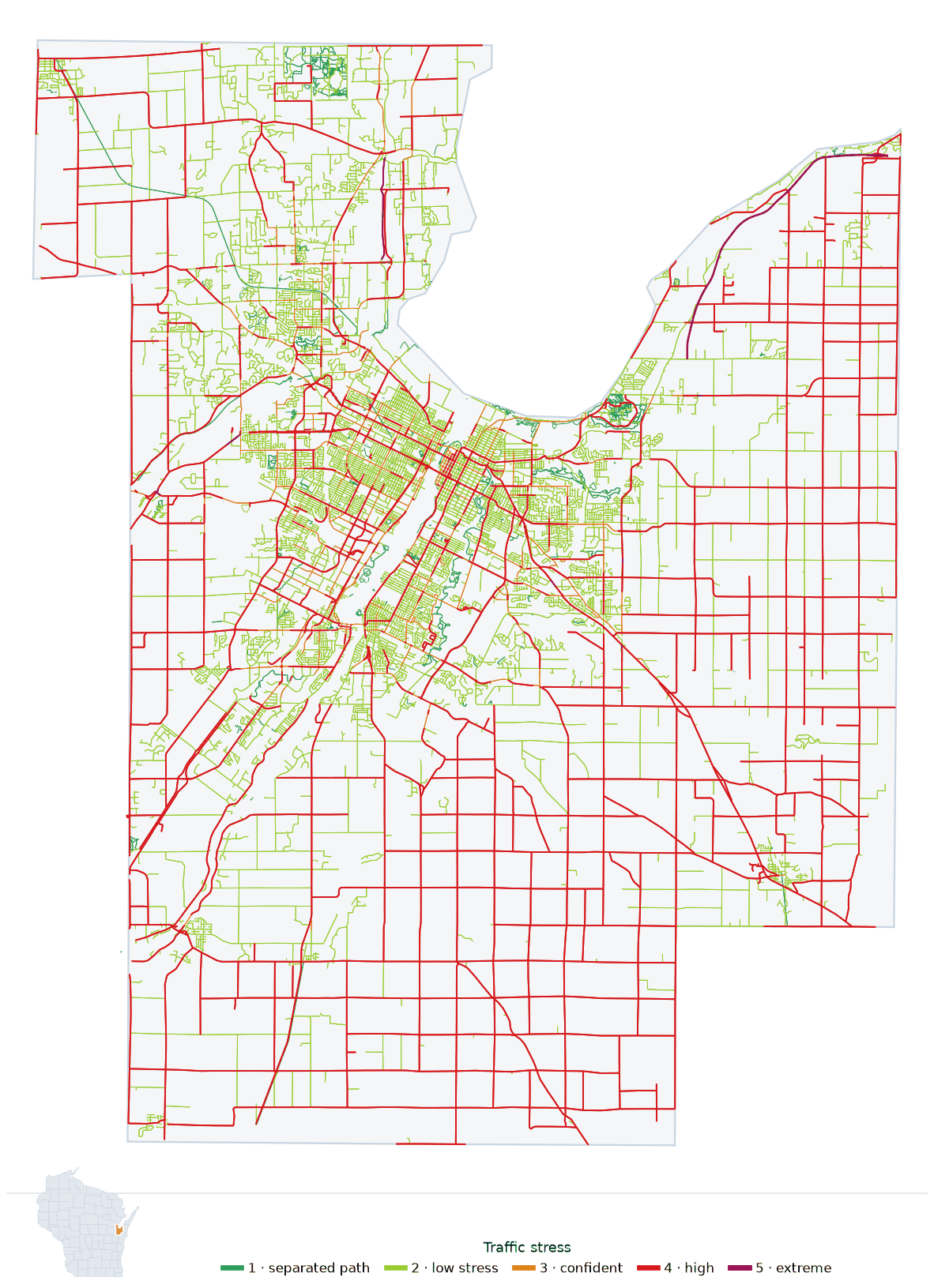 Map of Brown County, Wisconsin with every road colored by bicycle traffic stress, and a Wisconsin locator showing where the county is