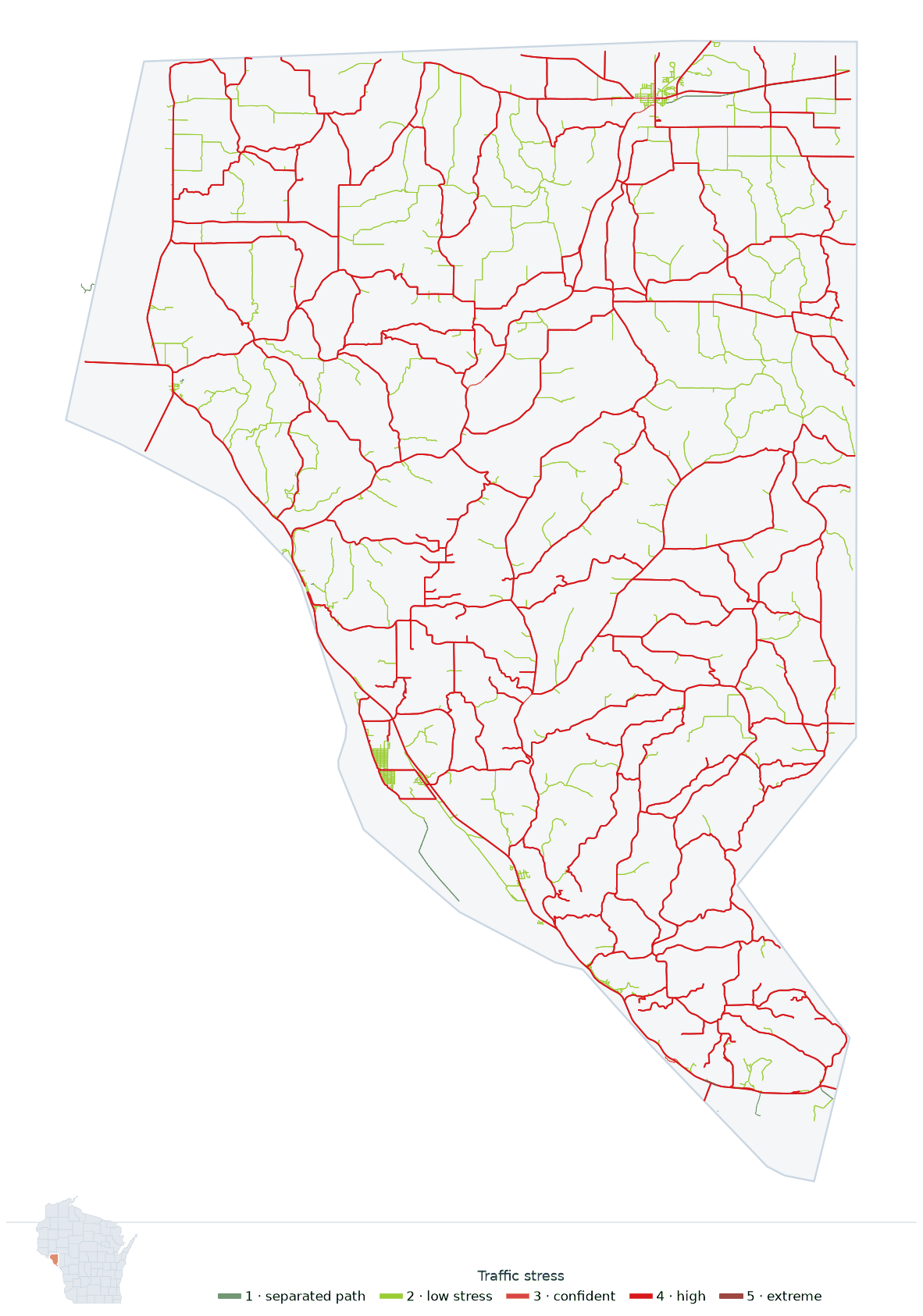 Map of Buffalo County, Wisconsin with every road colored by bicycle traffic stress, and a Wisconsin locator showing where the county is