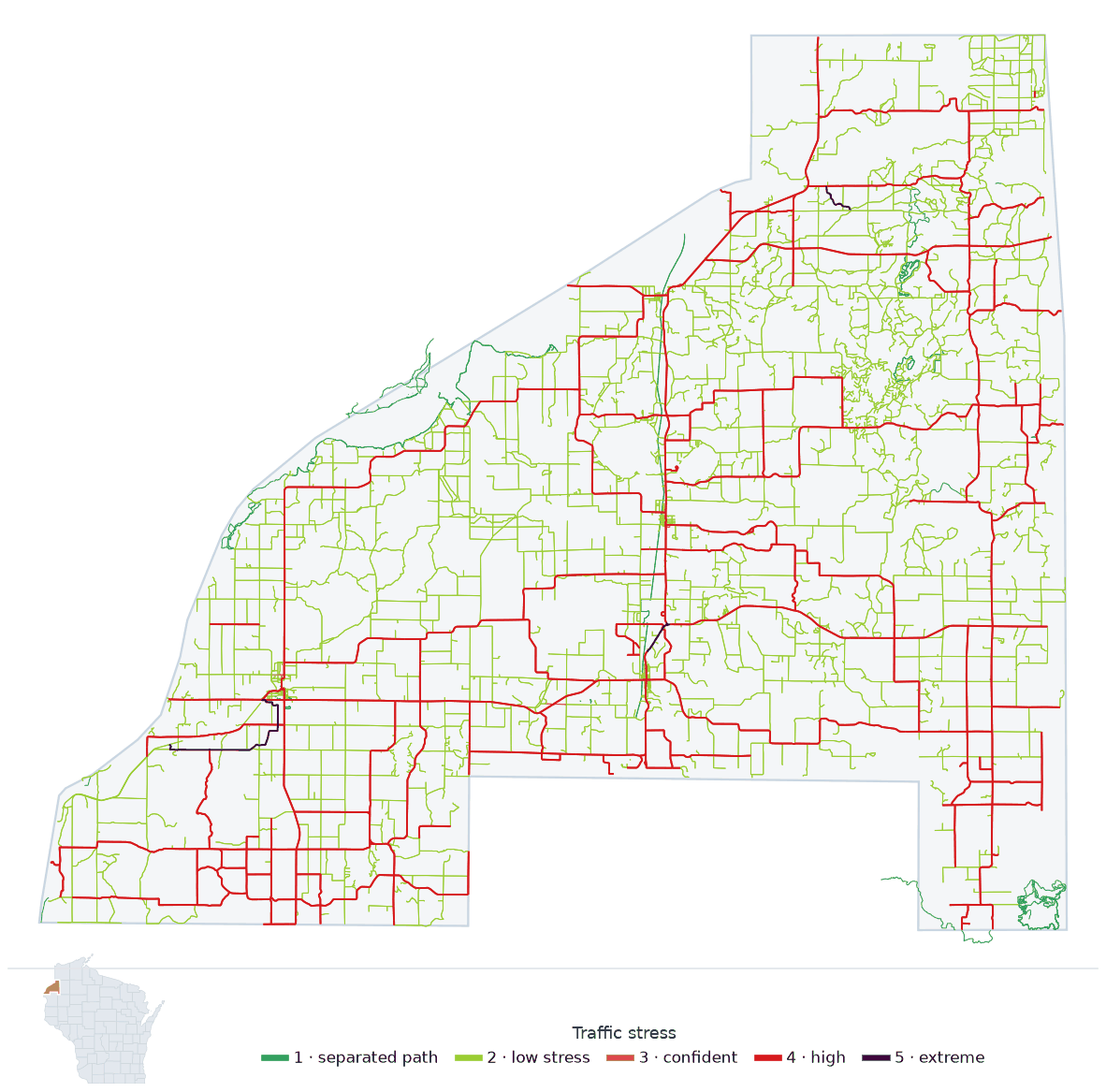 Map of Burnett County, Wisconsin with every road colored by bicycle traffic stress, and a Wisconsin locator showing where the county is