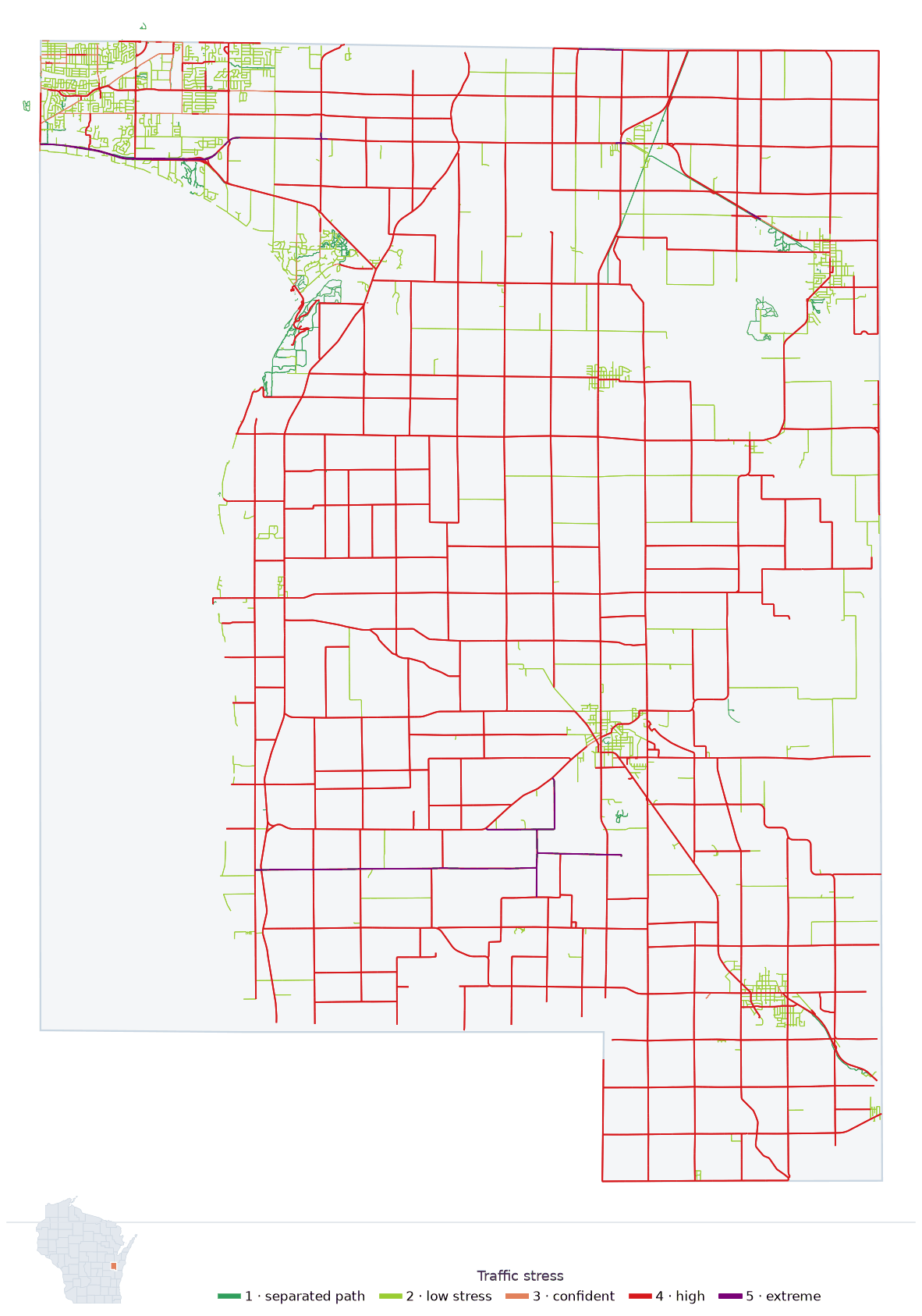 Map of Calumet County, Wisconsin with every road colored by bicycle traffic stress, and a Wisconsin locator showing where the county is
