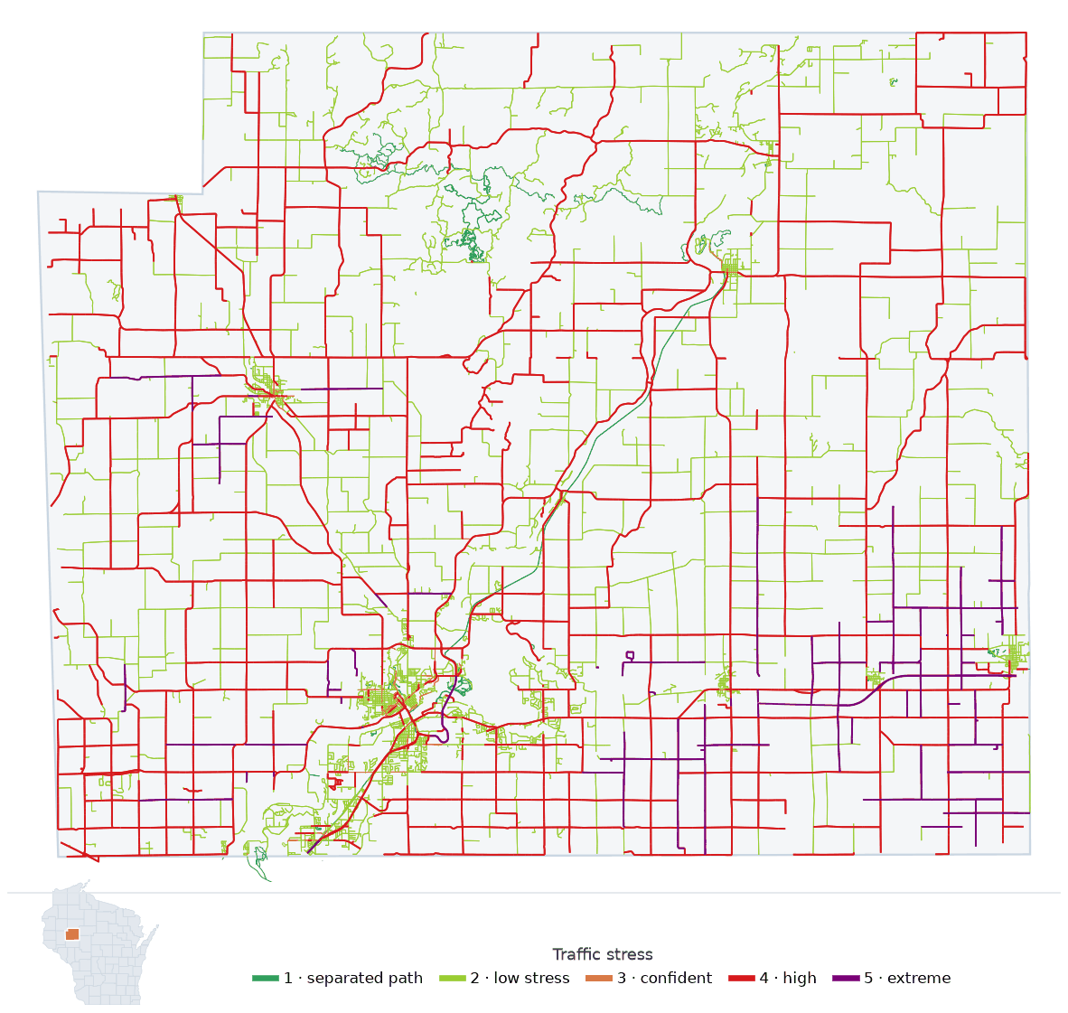 Map of Chippewa County, Wisconsin with every road colored by bicycle traffic stress, and a Wisconsin locator showing where the county is