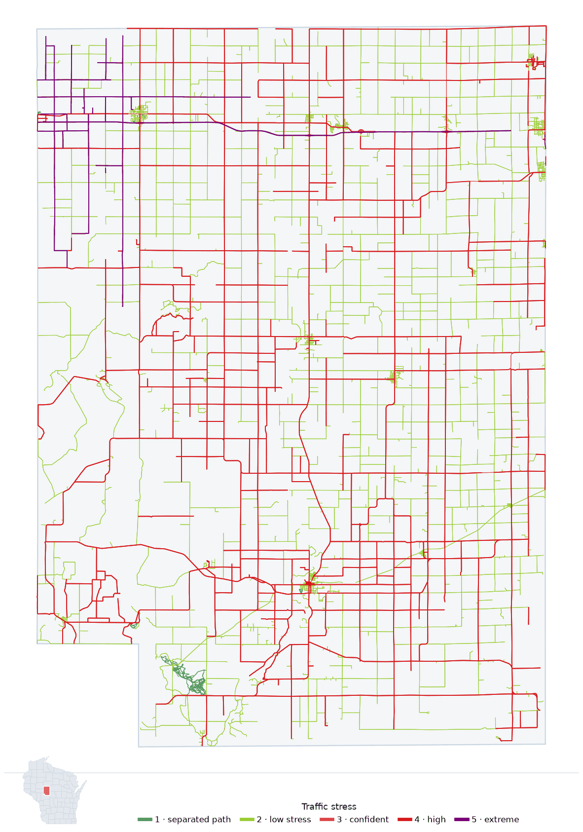 Map of Clark County, Wisconsin with every road colored by bicycle traffic stress, and a Wisconsin locator showing where the county is
