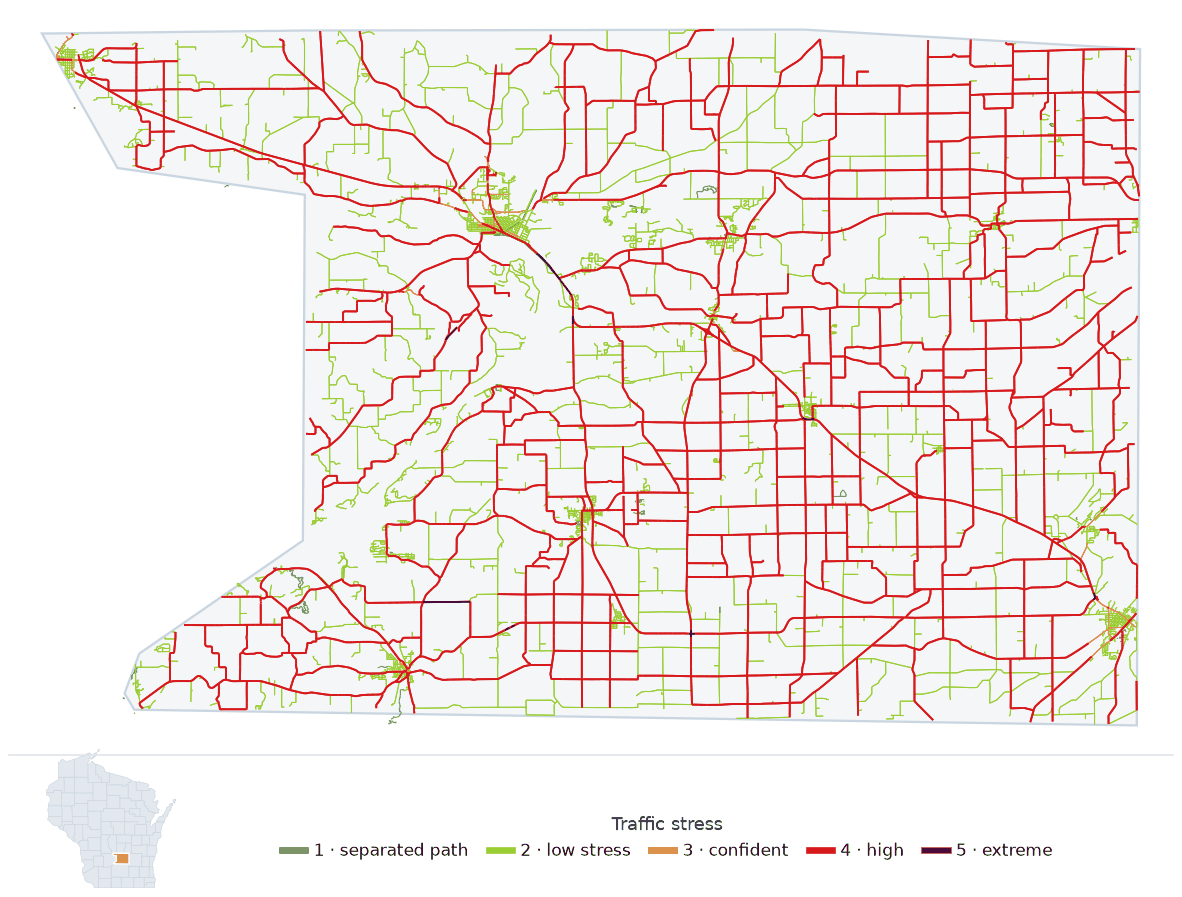 Map of Columbia County, Wisconsin with every road colored by bicycle traffic stress, and a Wisconsin locator showing where the county is