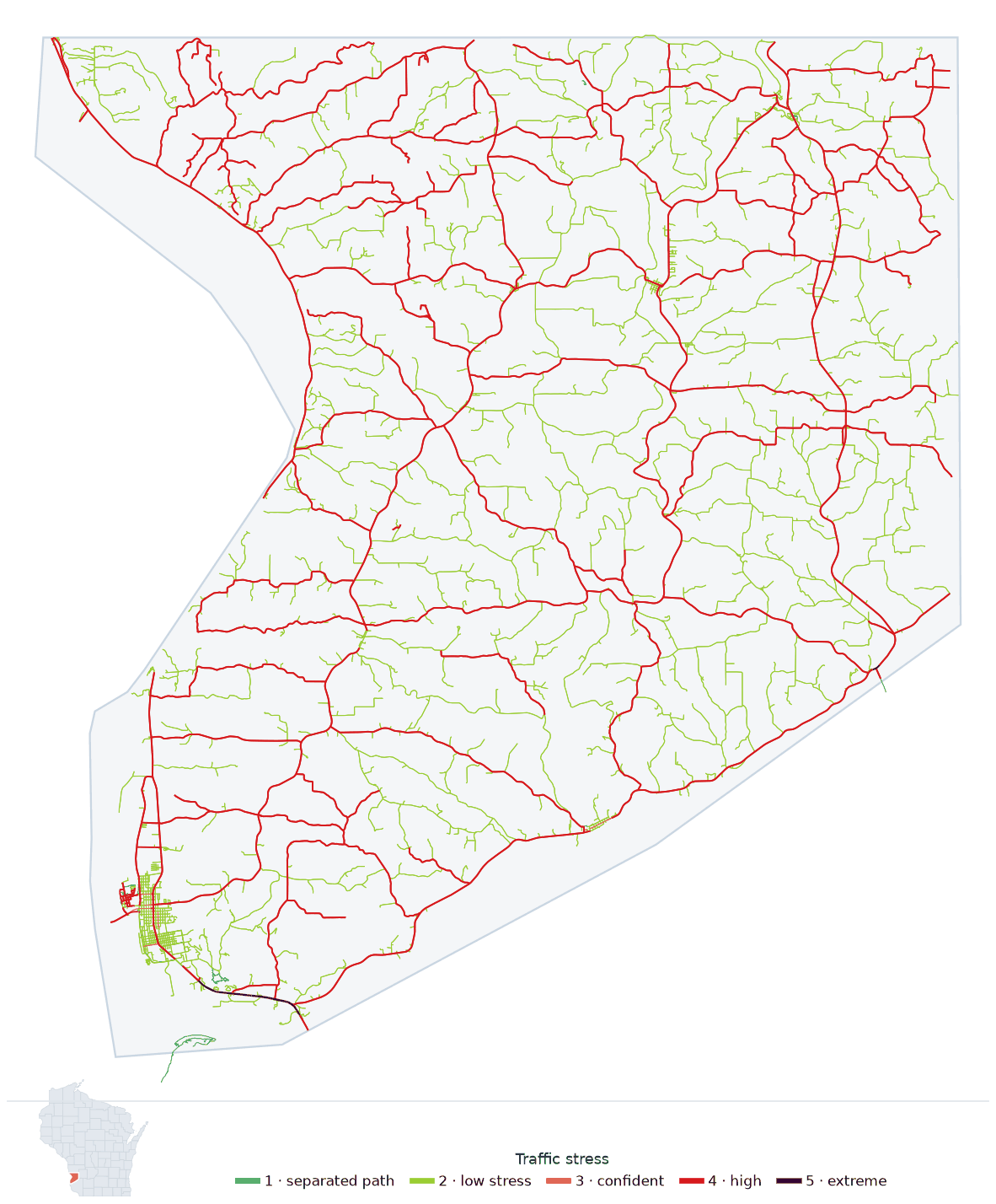 Map of Crawford County, Wisconsin with every road colored by bicycle traffic stress, and a Wisconsin locator showing where the county is