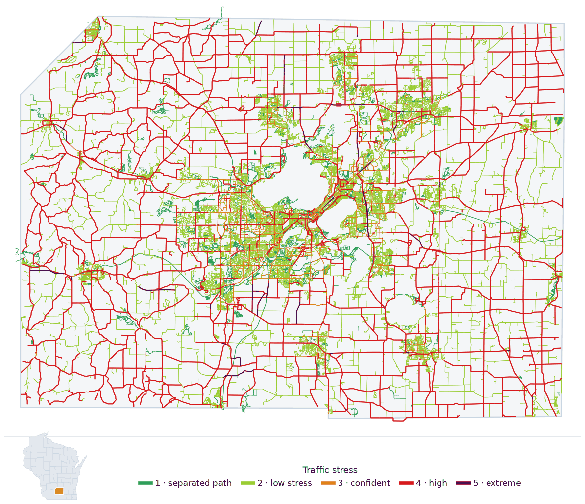 Map of Dane County, Wisconsin with every road colored by bicycle traffic stress, and a Wisconsin locator showing where the county is