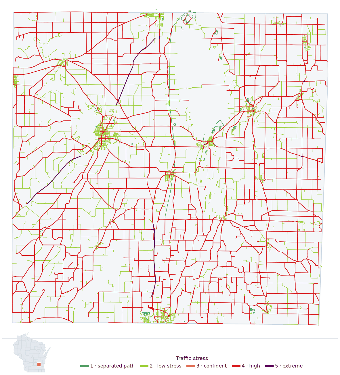Map of Dodge County, Wisconsin with every road colored by bicycle traffic stress, and a Wisconsin locator showing where the county is