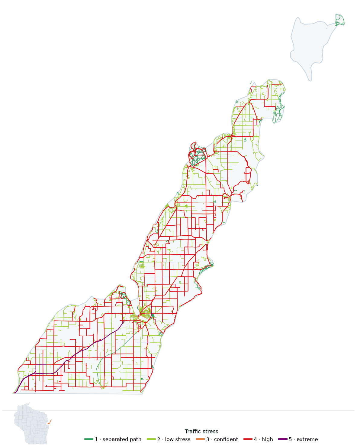 Map of Door County, Wisconsin with every road colored by bicycle traffic stress, and a Wisconsin locator showing where the county is