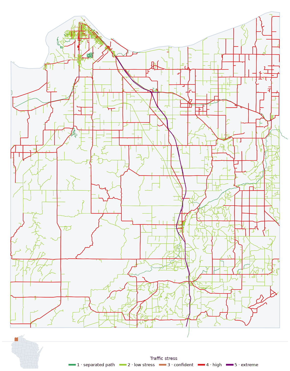 Map of Douglas County, Wisconsin with every road colored by bicycle traffic stress, and a Wisconsin locator showing where the county is