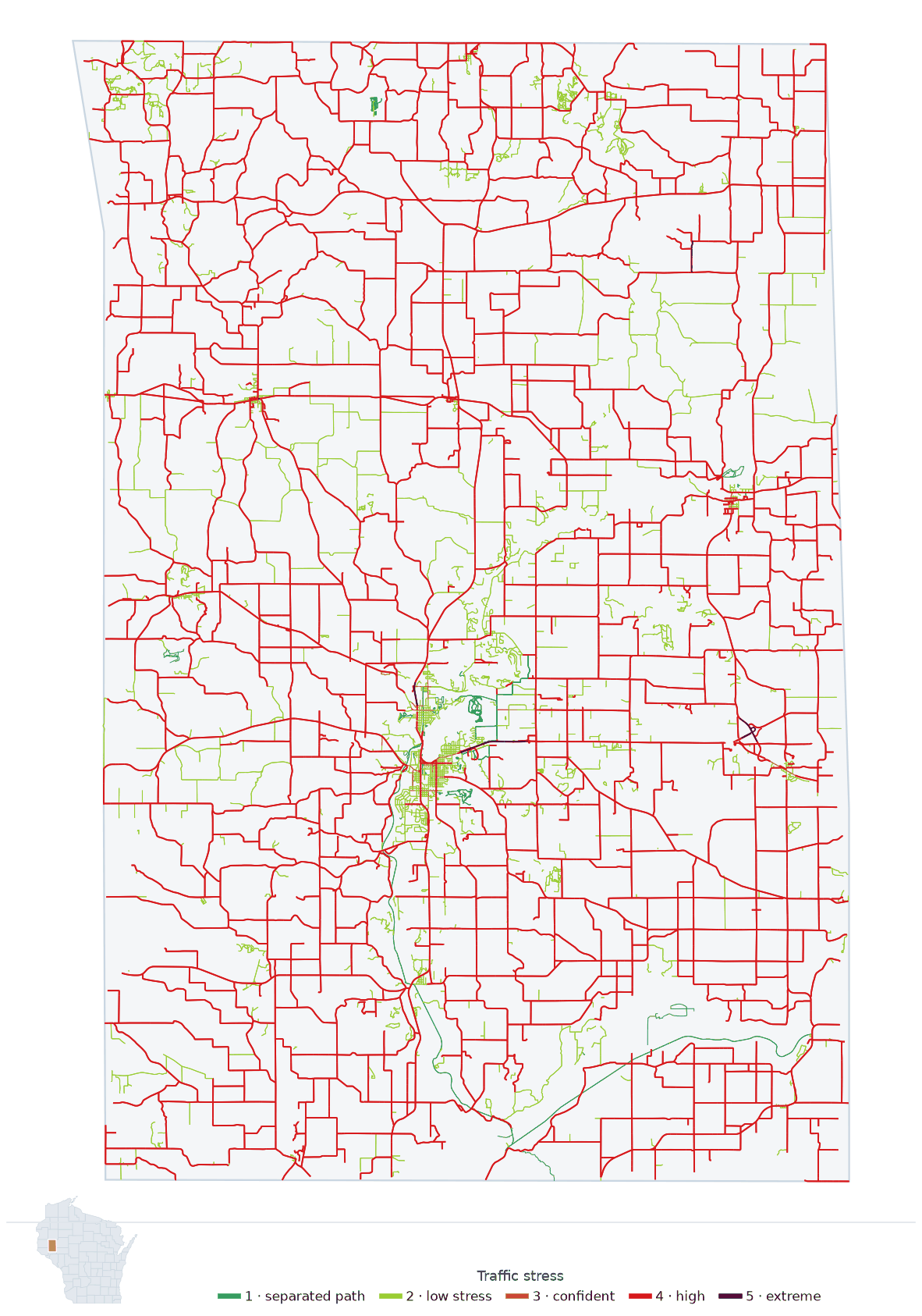 Map of Dunn County, Wisconsin with every road colored by bicycle traffic stress, and a Wisconsin locator showing where the county is