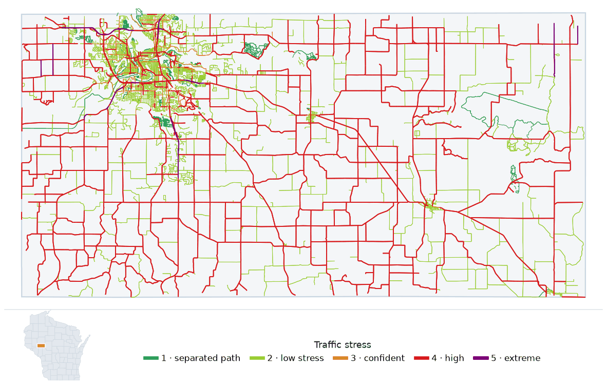 Map of Eau Claire County, Wisconsin with every road colored by bicycle traffic stress, and a Wisconsin locator showing where the county is