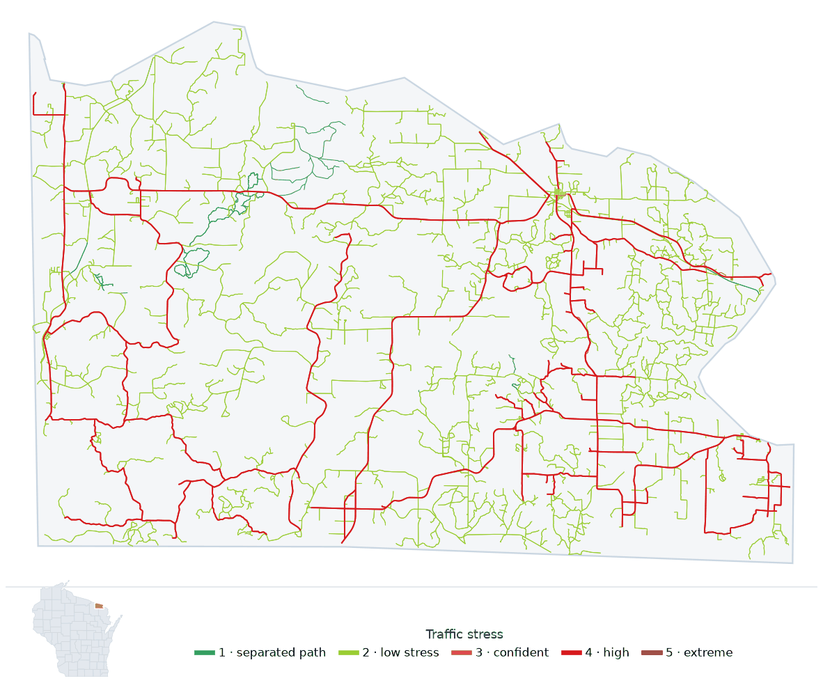 Map of Florence County, Wisconsin with every road colored by bicycle traffic stress, and a Wisconsin locator showing where the county is