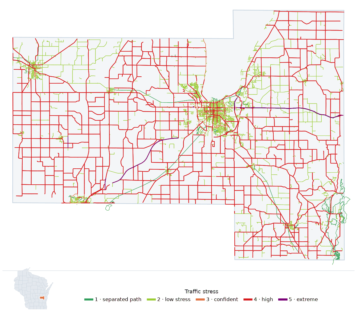 Map of Fond du Lac County, Wisconsin with every road colored by bicycle traffic stress, and a Wisconsin locator showing where the county is
