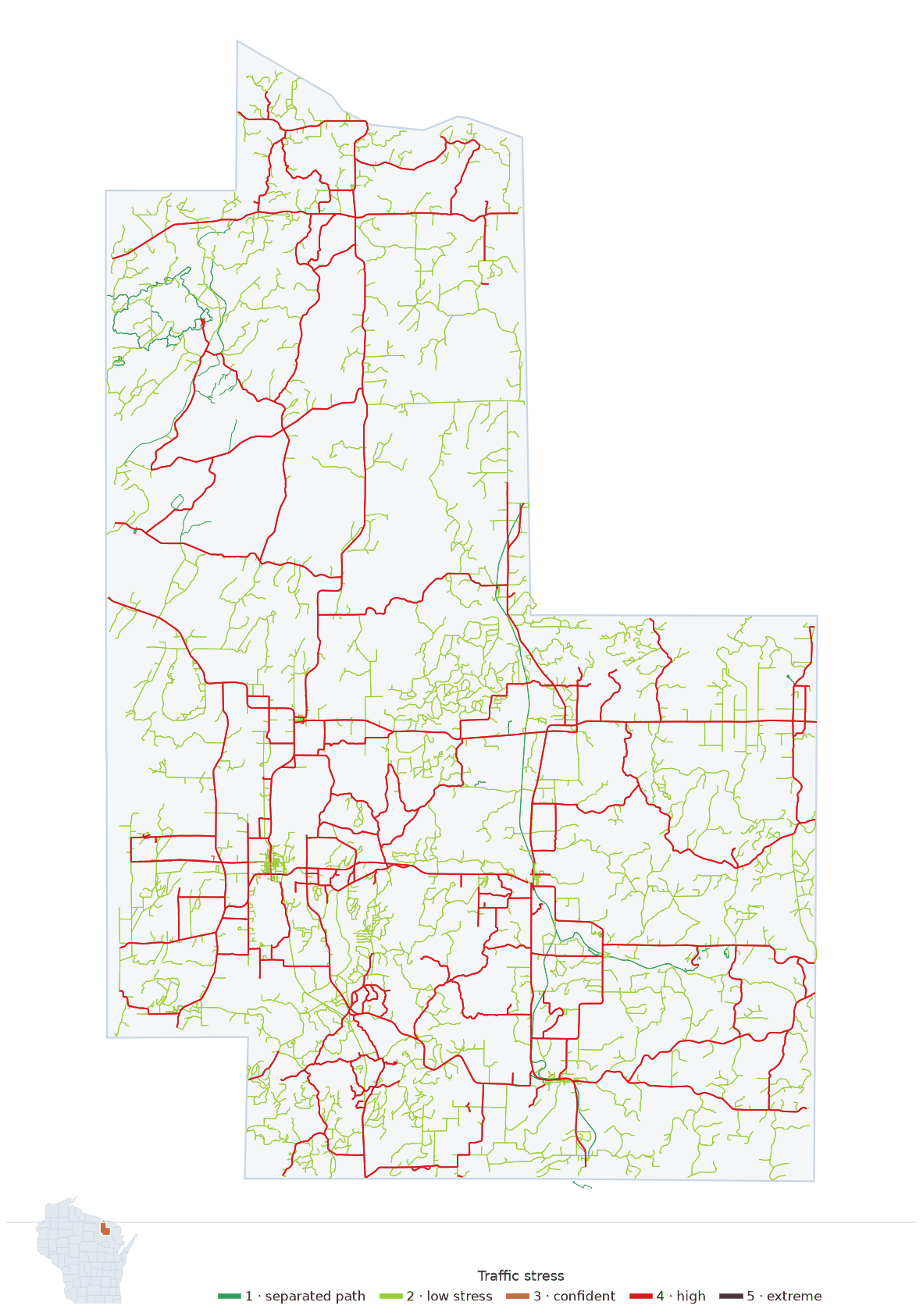 Map of Forest County, Wisconsin with every road colored by bicycle traffic stress, and a Wisconsin locator showing where the county is