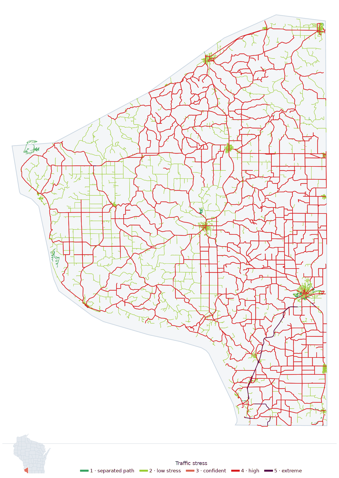 Map of Grant County, Wisconsin with every road colored by bicycle traffic stress, and a Wisconsin locator showing where the county is
