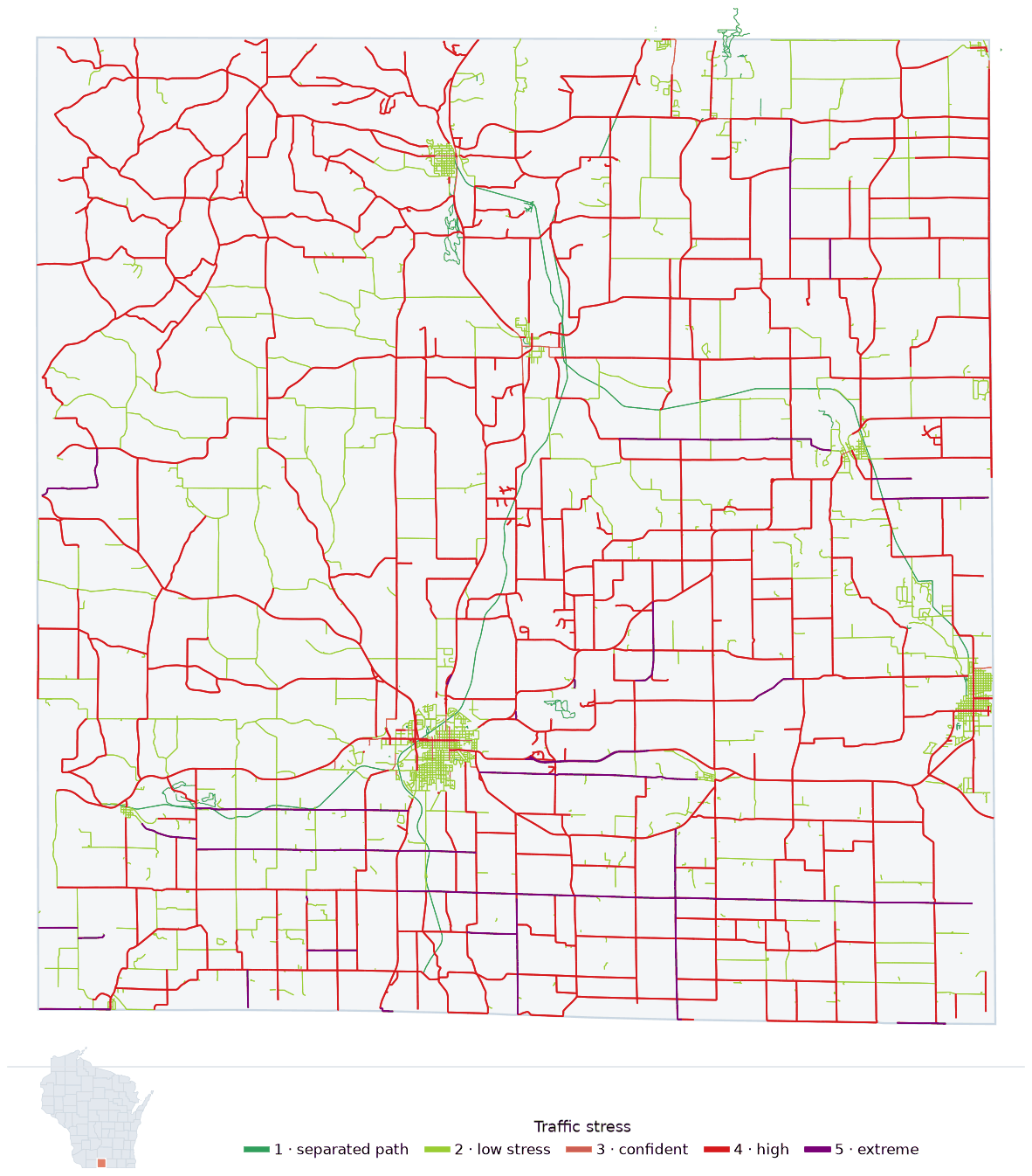 Map of Green County, Wisconsin with every road colored by bicycle traffic stress, and a Wisconsin locator showing where the county is