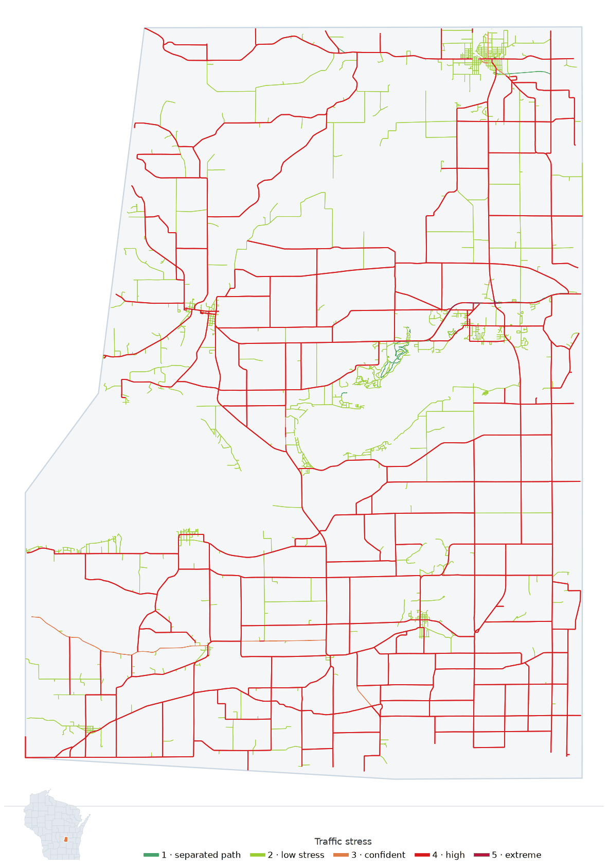 Map of Green Lake County, Wisconsin with every road colored by bicycle traffic stress, and a Wisconsin locator showing where the county is
