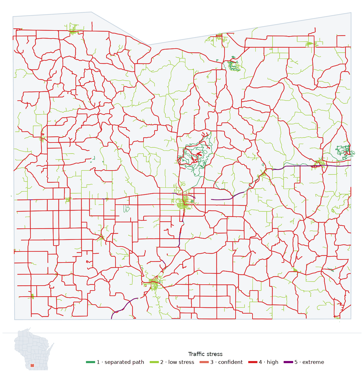Map of Iowa County, Wisconsin with every road colored by bicycle traffic stress, and a Wisconsin locator showing where the county is