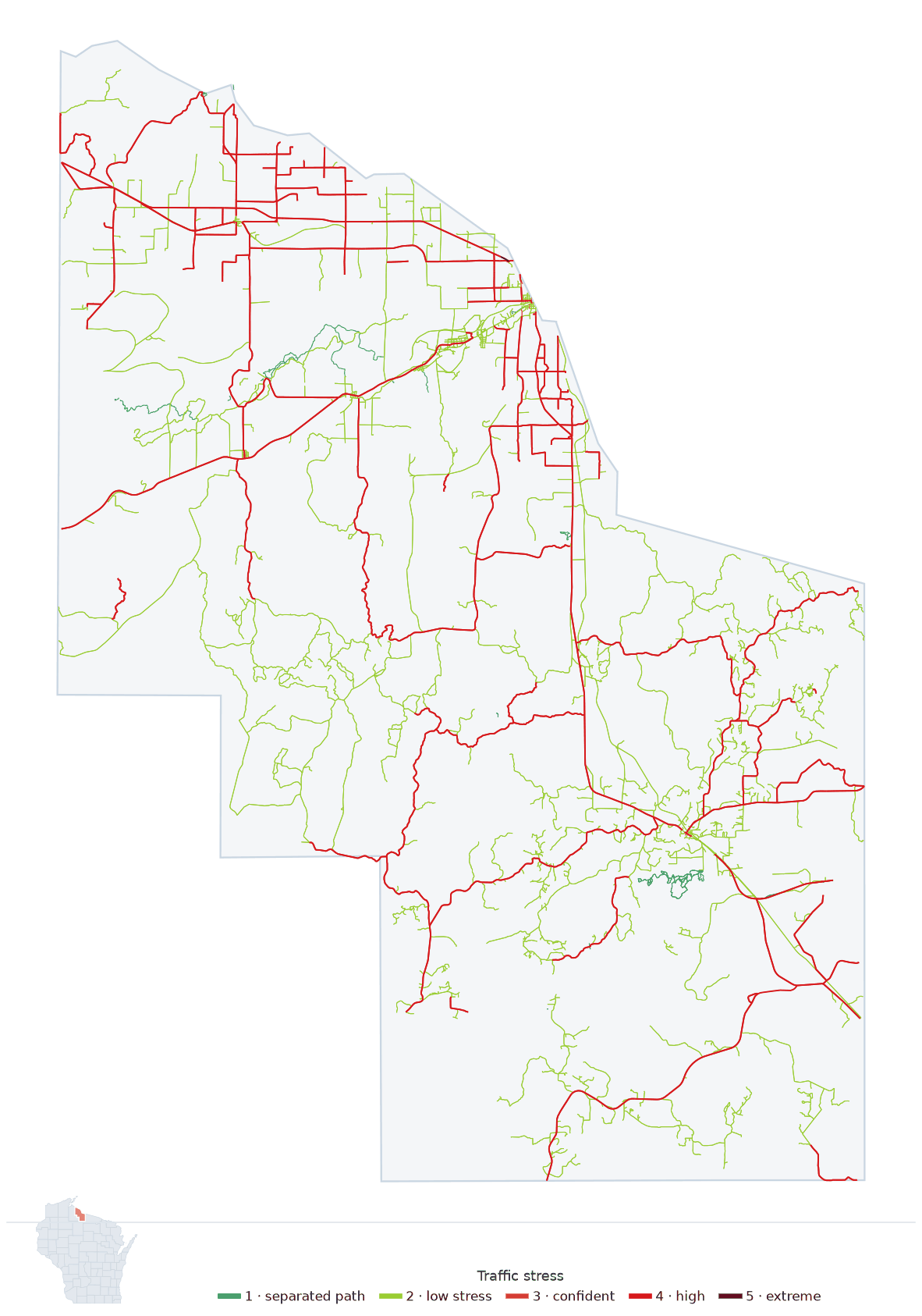 Map of Iron County, Wisconsin with every road colored by bicycle traffic stress, and a Wisconsin locator showing where the county is