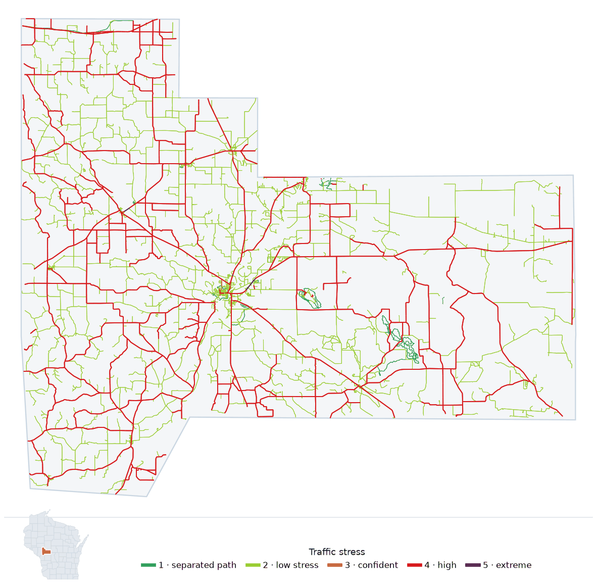 Map of Jackson County, Wisconsin with every road colored by bicycle traffic stress, and a Wisconsin locator showing where the county is