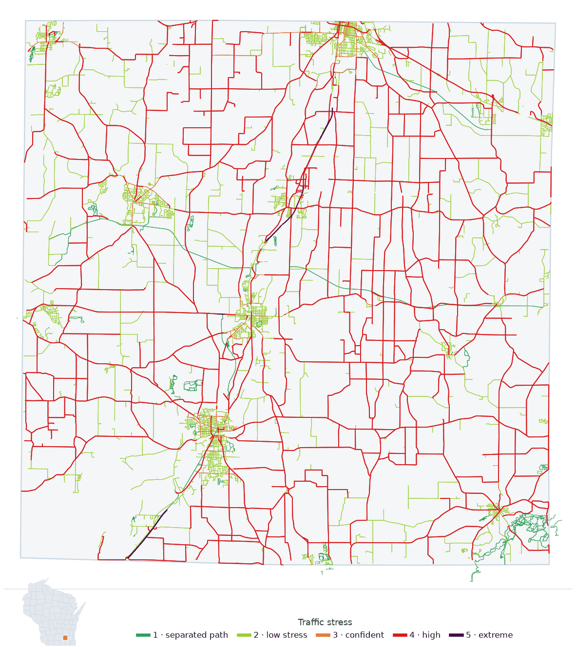 Map of Jefferson County, Wisconsin with every road colored by bicycle traffic stress, and a Wisconsin locator showing where the county is
