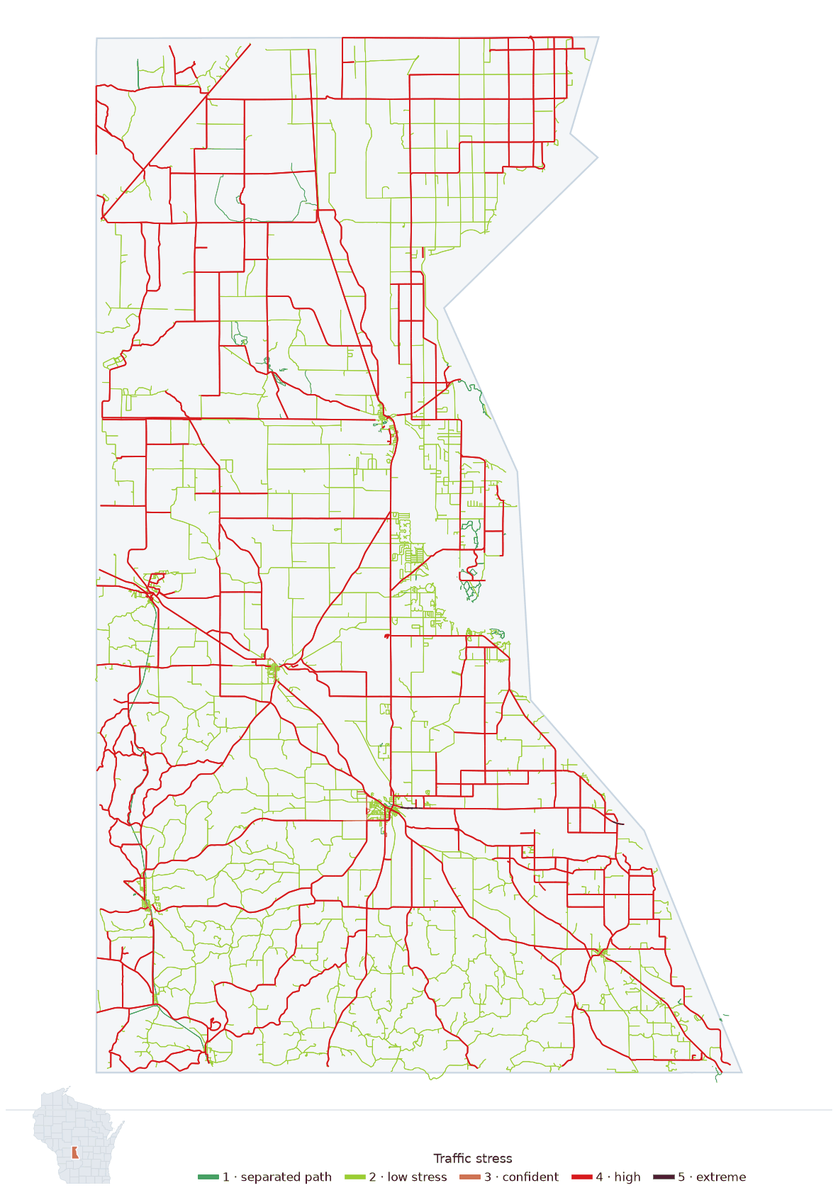 Map of Juneau County, Wisconsin with every road colored by bicycle traffic stress, and a Wisconsin locator showing where the county is