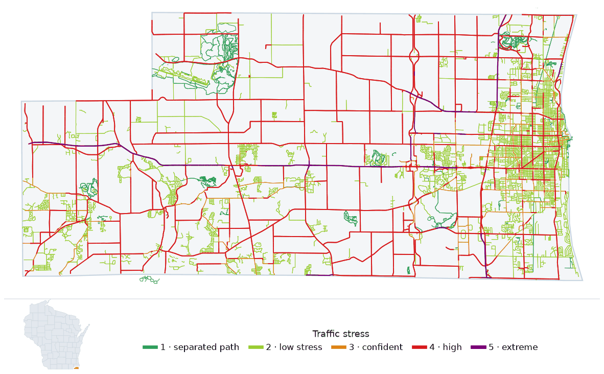 Map of Kenosha County, Wisconsin with every road colored by bicycle traffic stress, and a Wisconsin locator showing where the county is