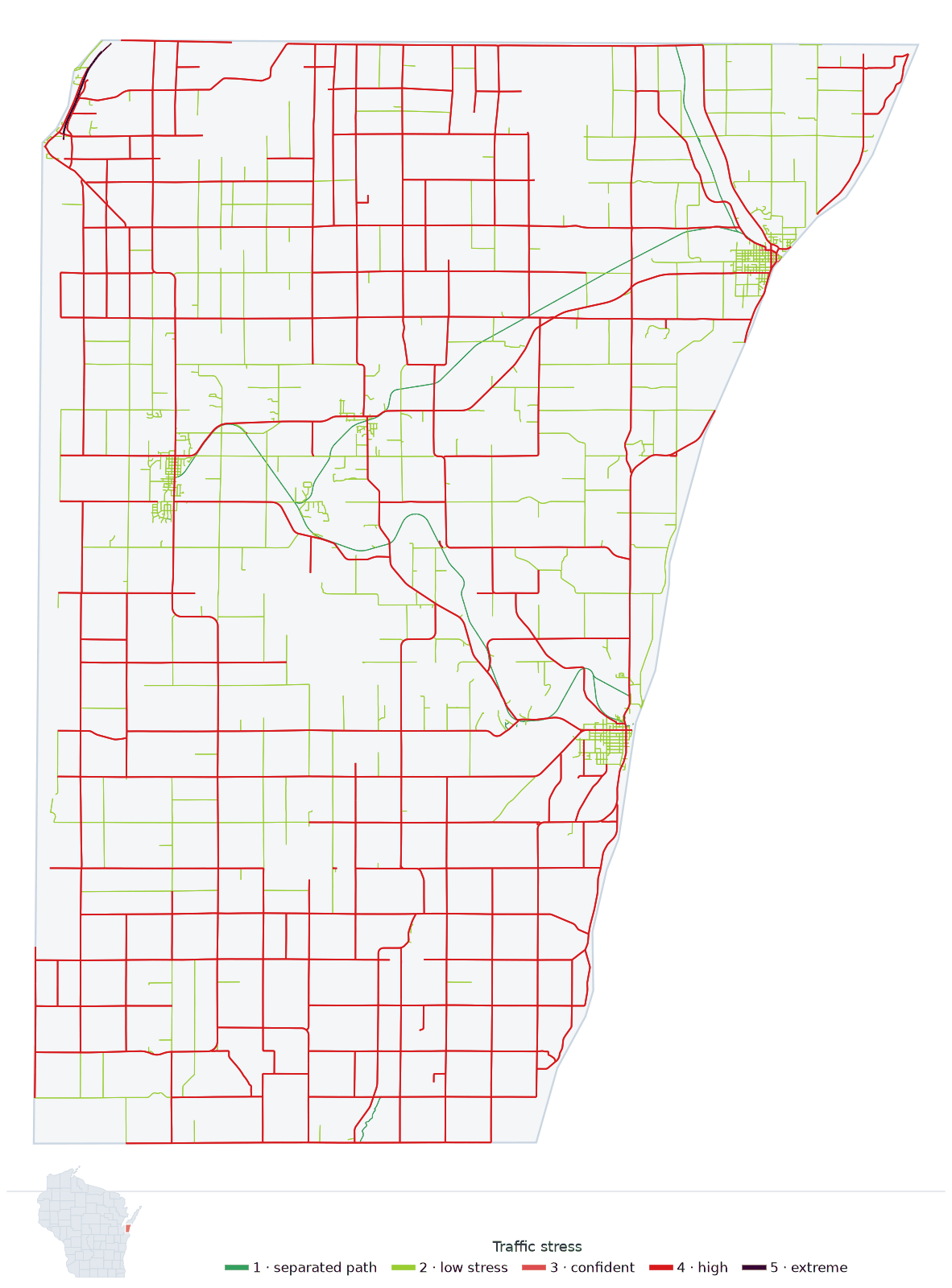 Map of Kewaunee County, Wisconsin with every road colored by bicycle traffic stress, and a Wisconsin locator showing where the county is