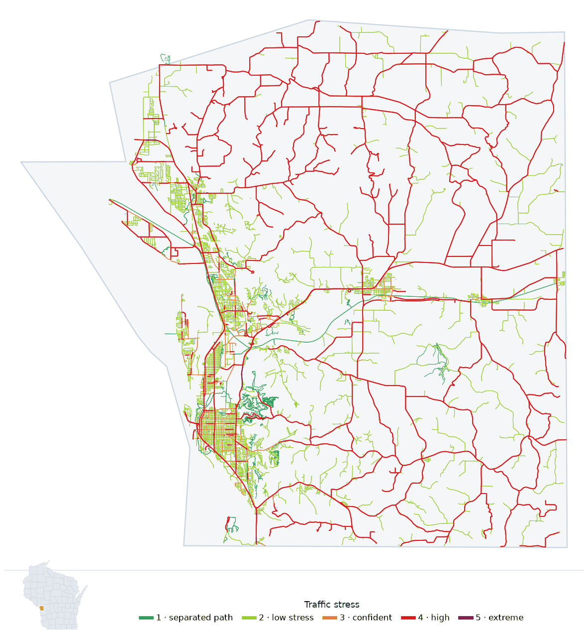 Map of La Crosse County, Wisconsin with every road colored by bicycle traffic stress, and a Wisconsin locator showing where the county is
