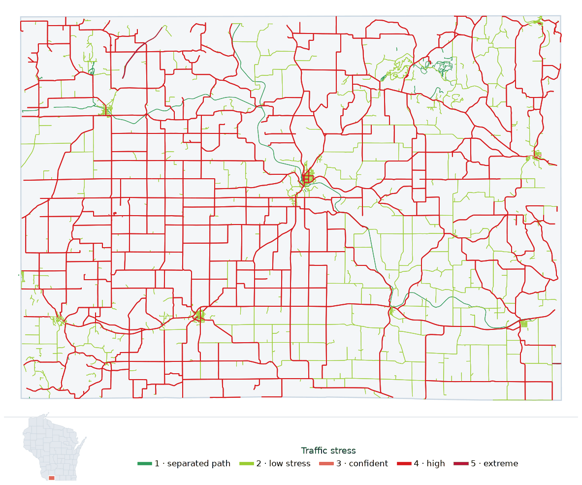 Map of Lafayette County, Wisconsin with every road colored by bicycle traffic stress, and a Wisconsin locator showing where the county is