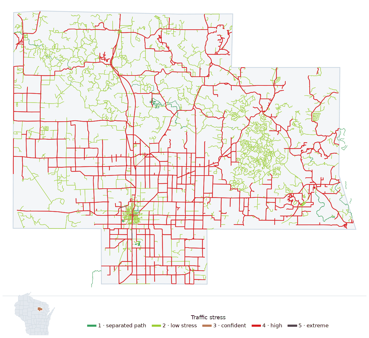 Map of Langlade County, Wisconsin with every road colored by bicycle traffic stress, and a Wisconsin locator showing where the county is