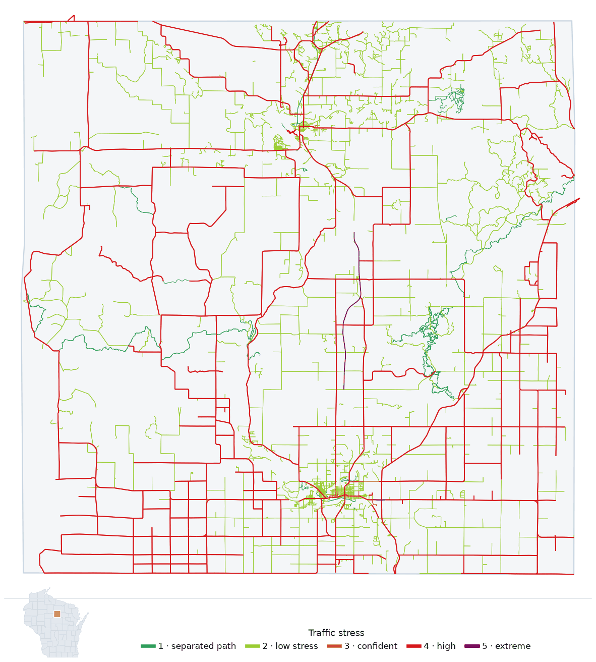 Map of Lincoln County, Wisconsin with every road colored by bicycle traffic stress, and a Wisconsin locator showing where the county is