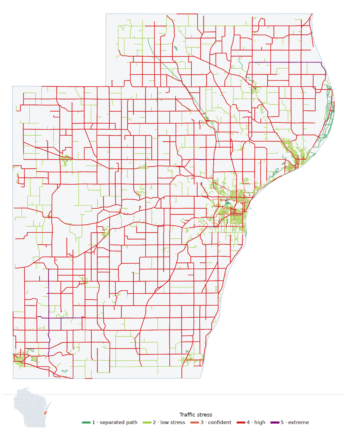 Map of Manitowoc County, Wisconsin with every road colored by bicycle traffic stress, and a Wisconsin locator showing where the county is