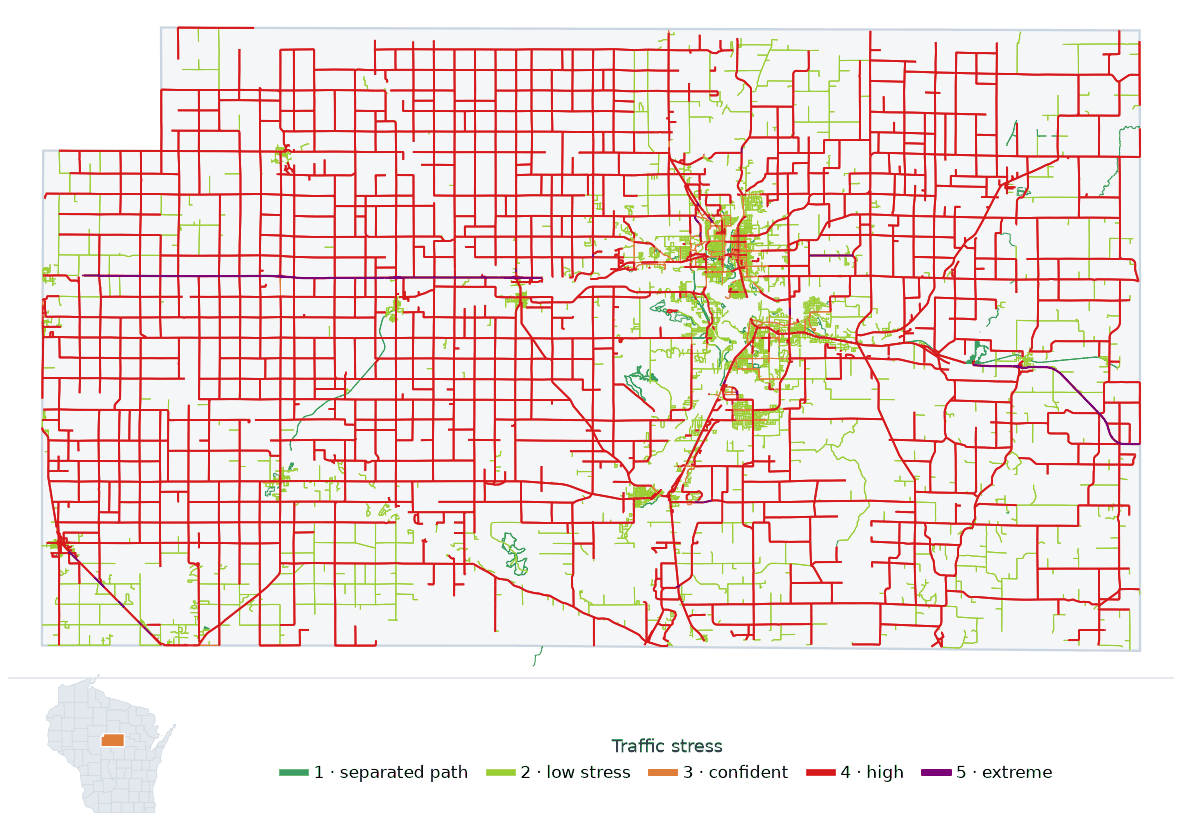 Map of Marathon County, Wisconsin with every road colored by bicycle traffic stress, and a Wisconsin locator showing where the county is