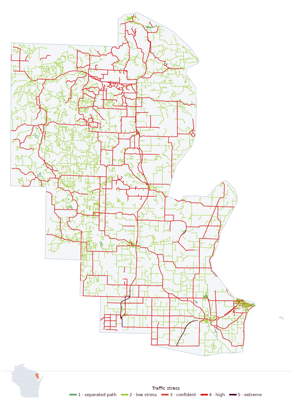 Map of Marinette County, Wisconsin with every road colored by bicycle traffic stress, and a Wisconsin locator showing where the county is