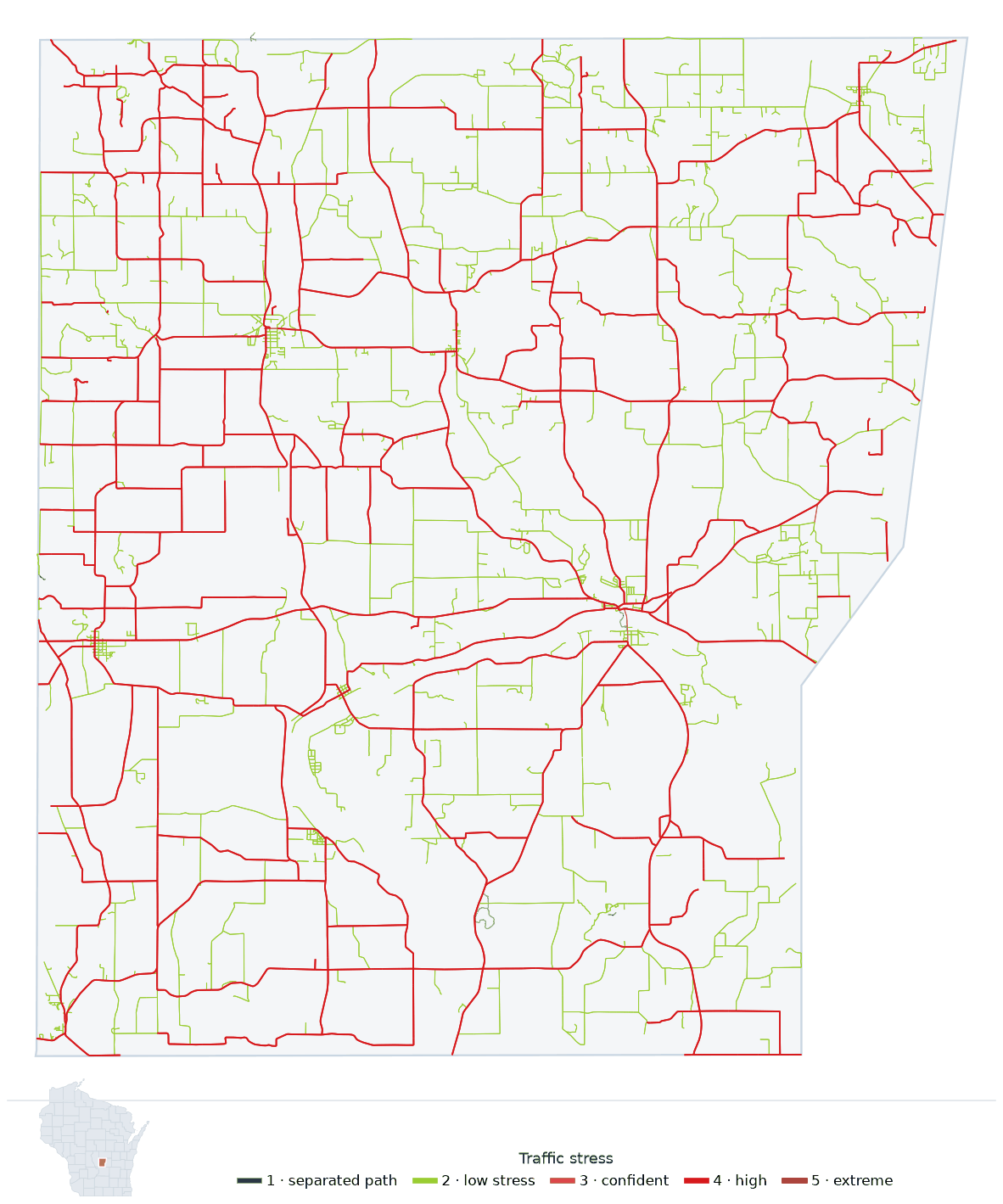 Map of Marquette County, Wisconsin with every road colored by bicycle traffic stress, and a Wisconsin locator showing where the county is
