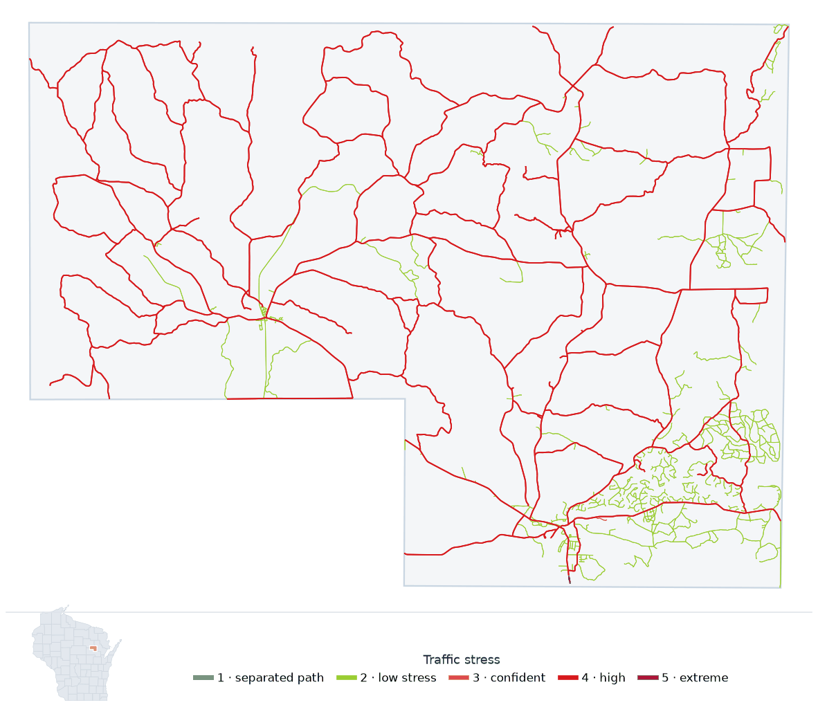 Map of Menominee County, Wisconsin with every road colored by bicycle traffic stress, and a Wisconsin locator showing where the county is