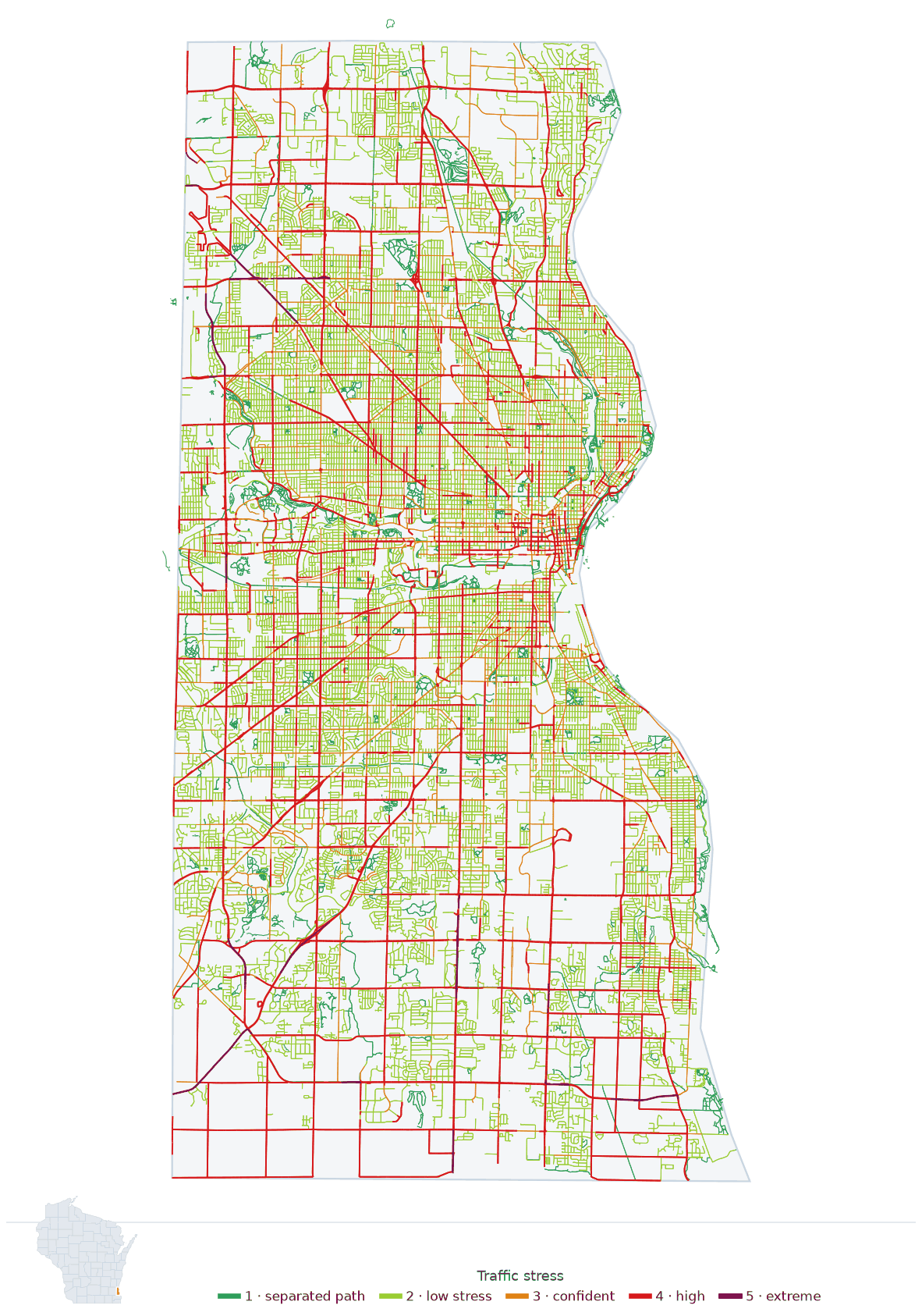 Map of Milwaukee County, Wisconsin with every road colored by bicycle traffic stress, and a Wisconsin locator showing where the county is