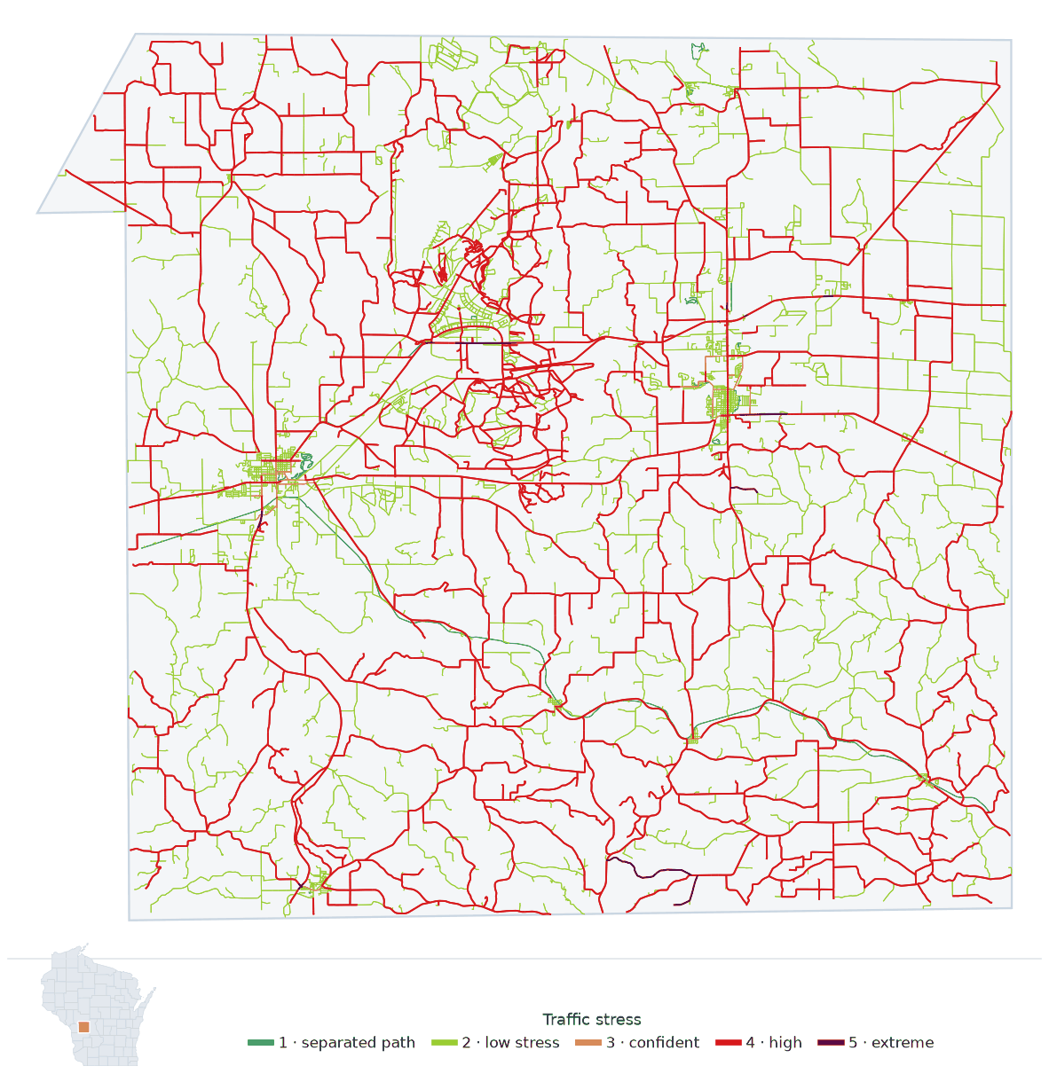 Map of Monroe County, Wisconsin with every road colored by bicycle traffic stress, and a Wisconsin locator showing where the county is