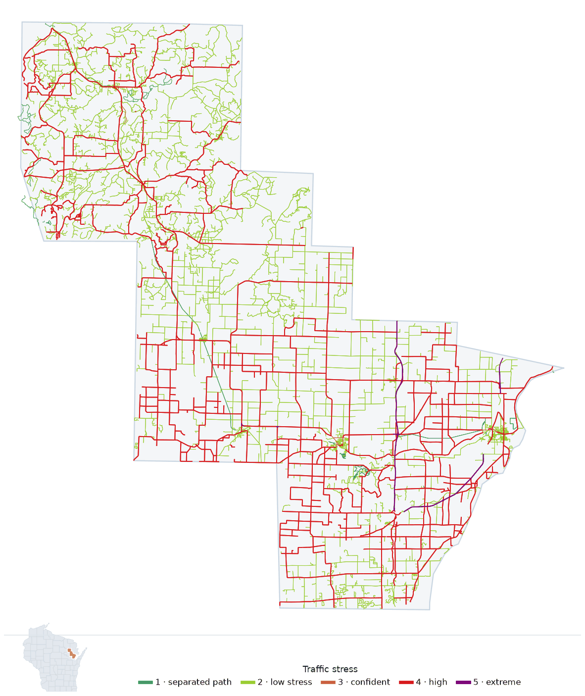 Map of Oconto County, Wisconsin with every road colored by bicycle traffic stress, and a Wisconsin locator showing where the county is