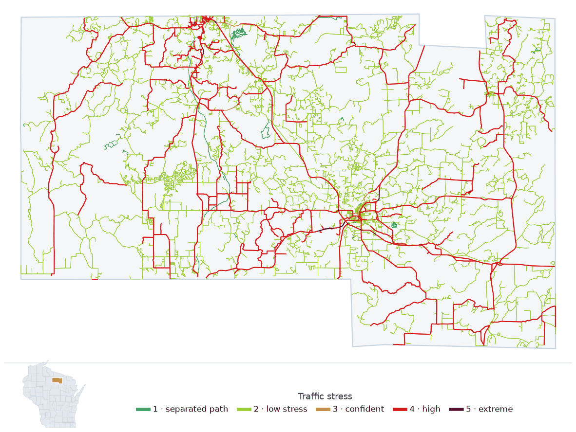 Map of Oneida County, Wisconsin with every road colored by bicycle traffic stress, and a Wisconsin locator showing where the county is