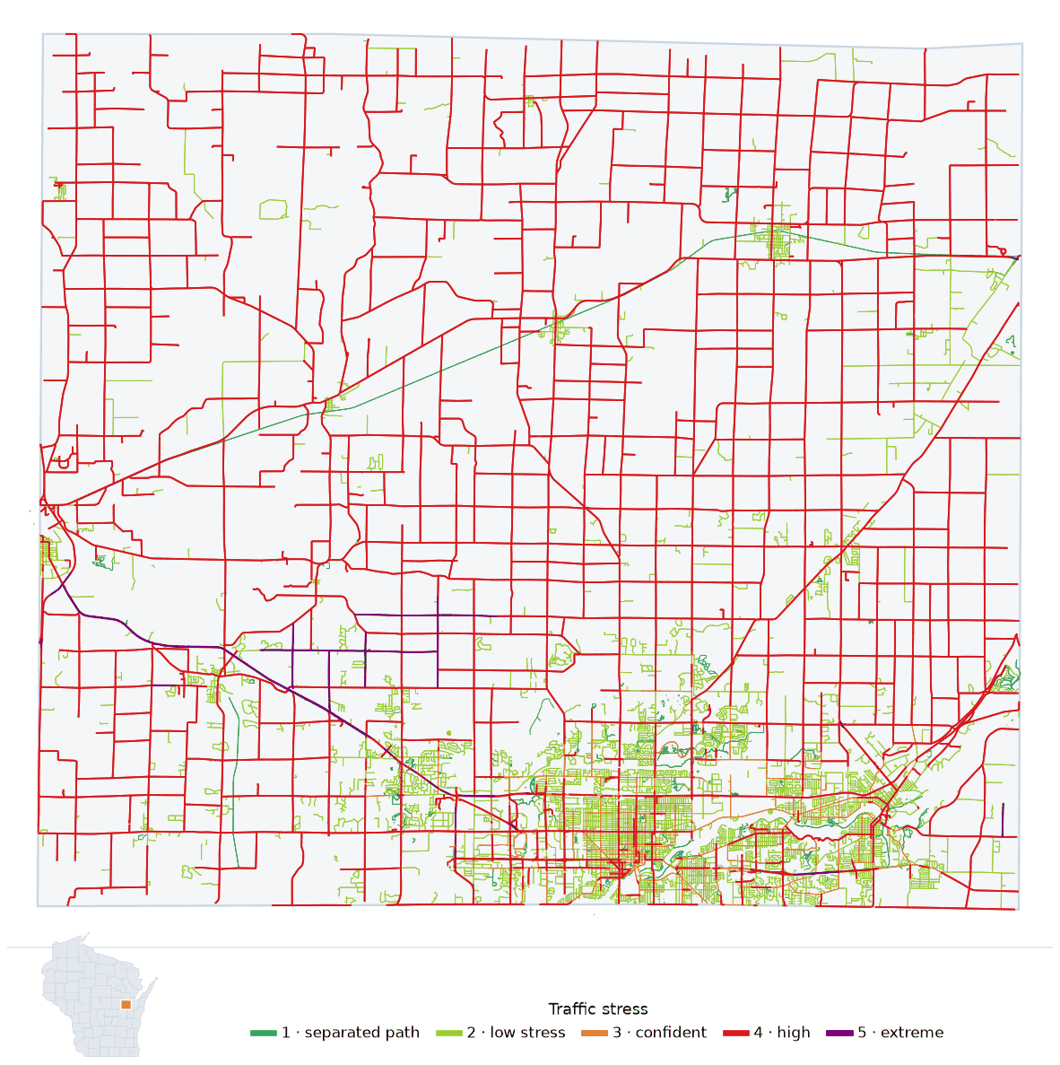 Map of Outagamie County, Wisconsin with every road colored by bicycle traffic stress, and a Wisconsin locator showing where the county is