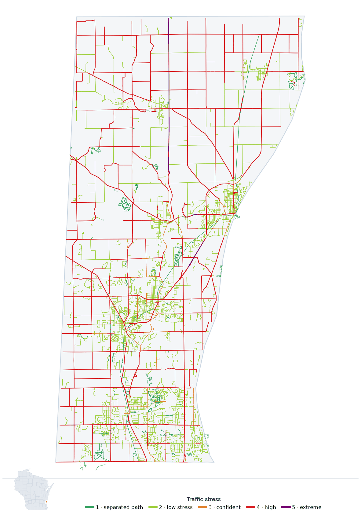 Map of Ozaukee County, Wisconsin with every road colored by bicycle traffic stress, and a Wisconsin locator showing where the county is