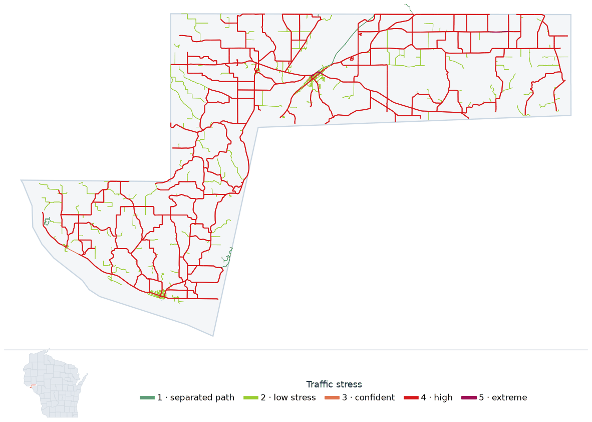 Map of Pepin County, Wisconsin with every road colored by bicycle traffic stress, and a Wisconsin locator showing where the county is