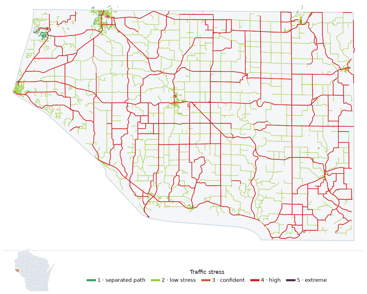 Map of Pierce County, Wisconsin with every road colored by bicycle traffic stress, and a Wisconsin locator showing where the county is