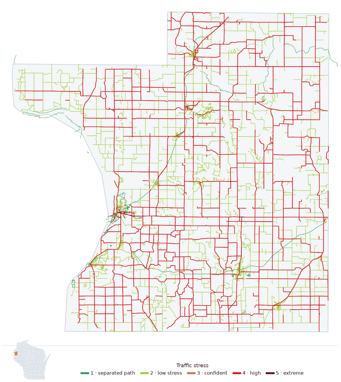 Map of Polk County, Wisconsin with every road colored by bicycle traffic stress, and a Wisconsin locator showing where the county is