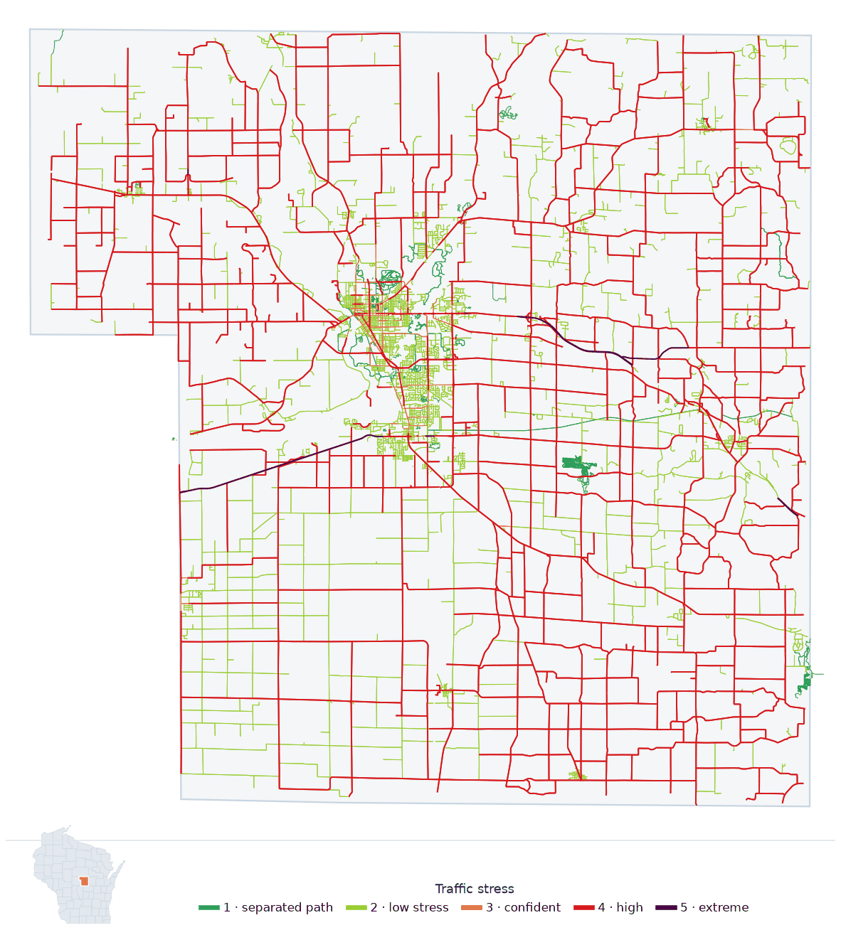 Map of Portage County, Wisconsin with every road colored by bicycle traffic stress, and a Wisconsin locator showing where the county is